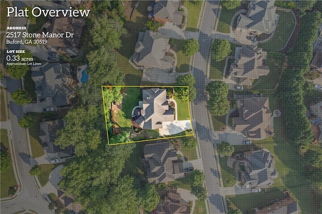 2517 Stone Manor Dr, Buford, GA 30519 - aerial view of residential area featuring property parcel outlined