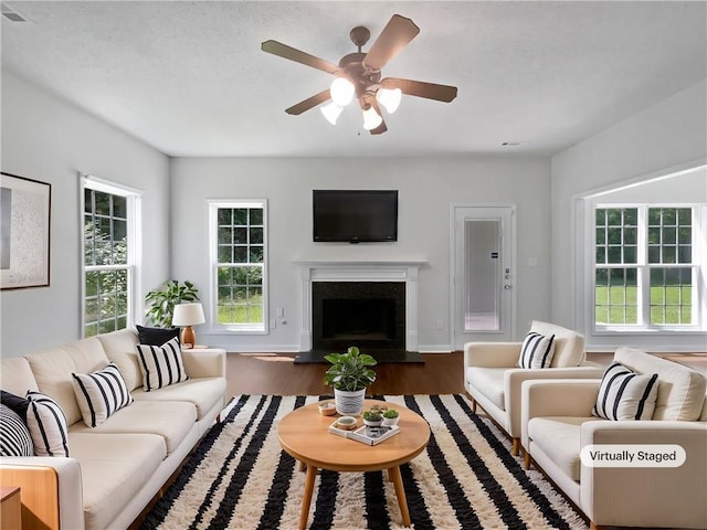 63 Couch Rd, Senoia, GA 30276 - living room with plenty of natural light, a ceiling fan, a fireplace with raised hearth, and wood finished floors