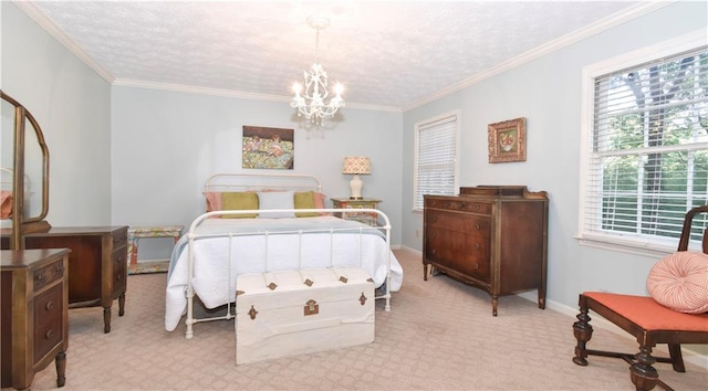 bedroom featuring ornamental molding, a chandelier, light carpet, and a textured ceiling