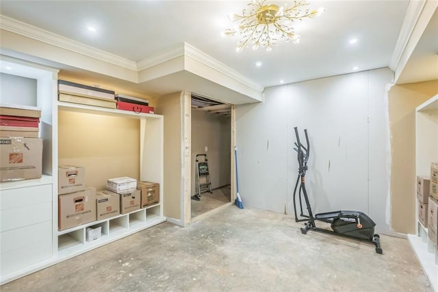 260 Brannon Dr, Hoschton, GA 30548 - exercise room with ornamental molding and a chandelier