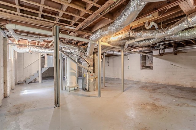 2755 Rockcliff Rd SE, Atlanta, GA 30316 - unfinished below grade area with stairs, electric panel, heating unit, and concrete block wall