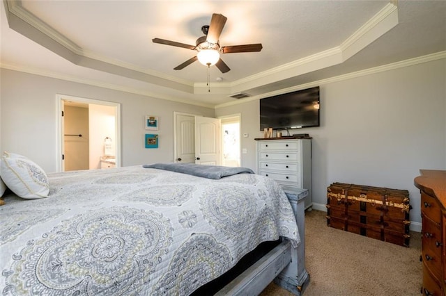 bedroom featuring a raised ceiling, visible vents, crown molding, and carpet flooring