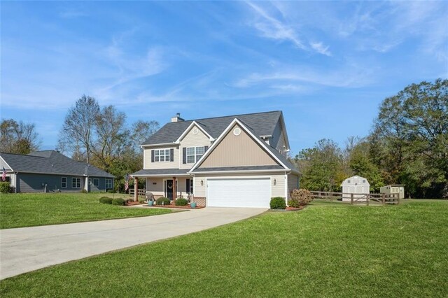 view of front of home with a garage, fence, concrete driveway, a chimney, and a front yard