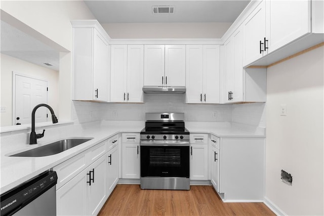 kitchen featuring white cabinetry, sink, stainless steel appliances, backsplash, and light wood-type flooring