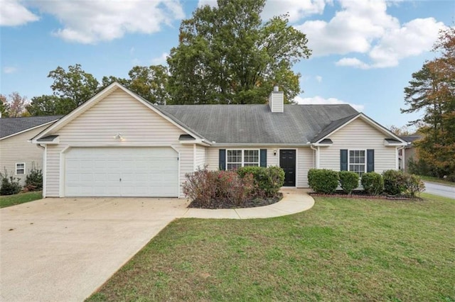 single story home with a front yard and a garage