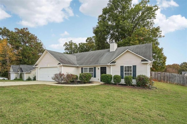 single story home with a garage and a front lawn