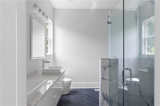 1610 Niskey Lake Rd, Atlanta, GA 30331 - full bath with a marble finish shower, double vanity, toilet, and baseboards