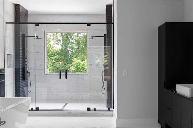 1610 Niskey Lake Rd, Atlanta, GA 30331 - bathroom with a soaking tub, a marble finish shower, and vanity