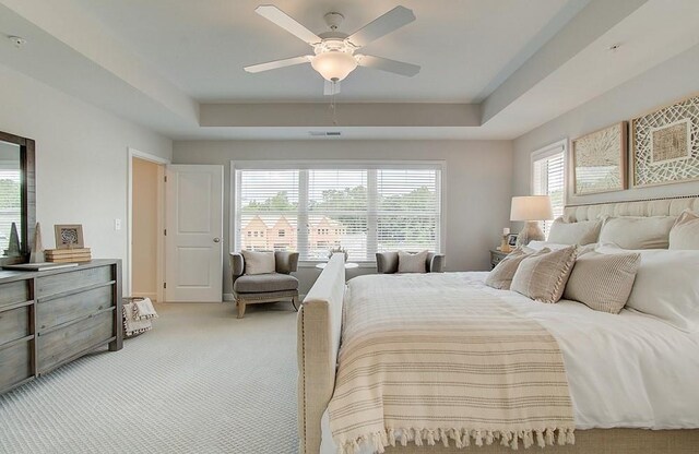 bedroom with a closet, ceiling fan, a spacious closet, and a tray ceiling