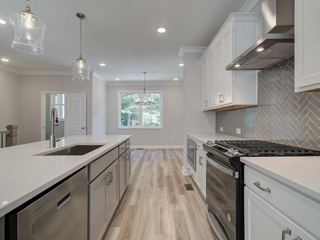 kitchen with pendant lighting, wall chimney exhaust hood, sink, white cabinets, and an island with sink