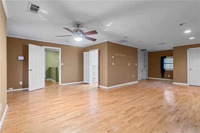 unfurnished living room featuring crown molding, ceiling fan, and light wood-type flooring