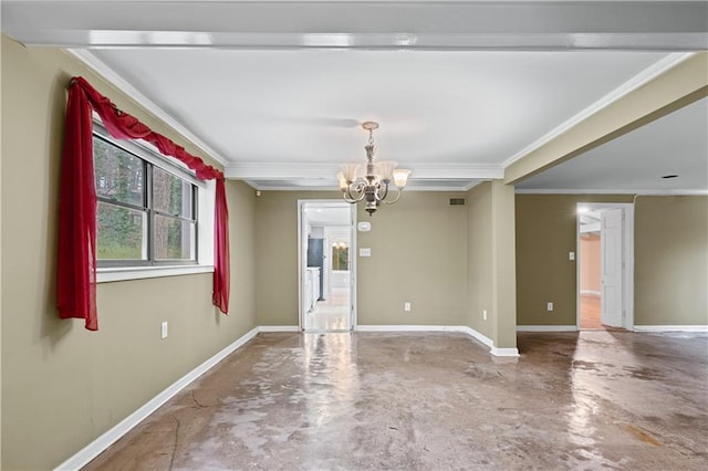 interior space with an inviting chandelier, ornamental molding, and concrete floors