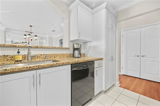 3475 Oak Valley Rd NE Unit 950, Atlanta, GA 30326 - kitchen featuring dishwasher, ornamental molding, a sink, light tile patterned floors, and white cabinetry