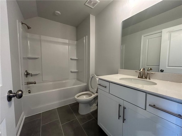 full bath featuring shower / bathtub combination, visible vents, toilet, vanity, and tile patterned flooring