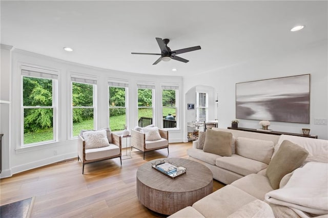 602 Davenport Pl, Canton, GA 30115 - living area with plenty of natural light, a ceiling fan, arched walkways, light wood-style flooring, and recessed lighting