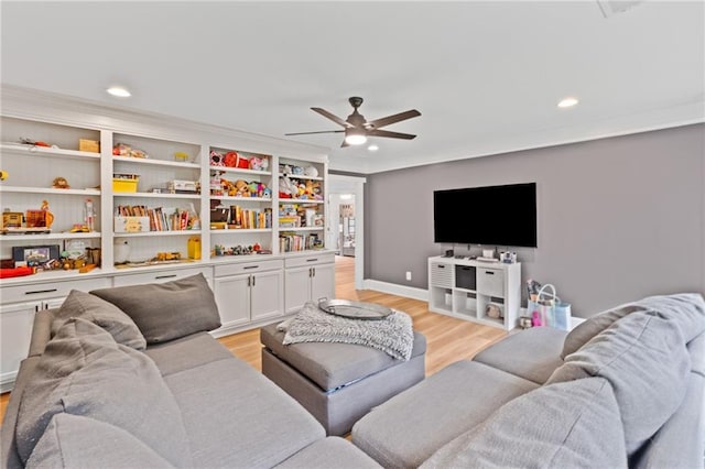 602 Davenport Pl, Canton, GA 30115 - living area featuring a ceiling fan, light wood-type flooring, baseboards, recessed lighting, and ornamental molding