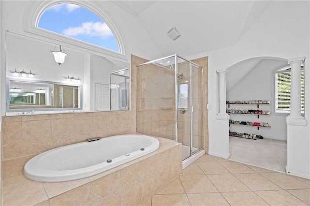 602 Davenport Pl, Canton, GA 30115 - full bathroom featuring ornate columns, a garden tub, tile patterned floors, and a stall shower