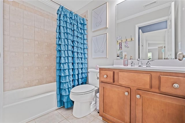 602 Davenport Pl, Canton, GA 30115 - bathroom featuring tile patterned flooring, toilet, crown molding, vanity, and shower / tub combo with curtain