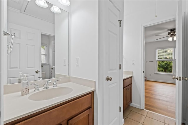 602 Davenport Pl, Canton, GA 30115 - bathroom featuring vanity, tile patterned floors, a ceiling fan, toilet, and baseboards