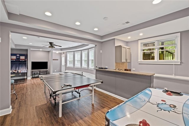 602 Davenport Pl, Canton, GA 30115 - game room with wood finished floors, a ceiling fan, a raised ceiling, recessed lighting, and baseboards