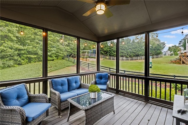 602 Davenport Pl, Canton, GA 30115 - sunroom with vaulted ceiling, a ceiling fan, and outdoor lounge area