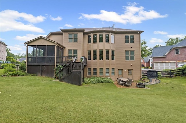 602 Davenport Pl, Canton, GA 30115 - back of property featuring a sunroom, an outdoor fire pit, and stairs
