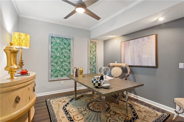 office with ceiling fan, ornamental molding, and dark hardwood / wood-style flooring