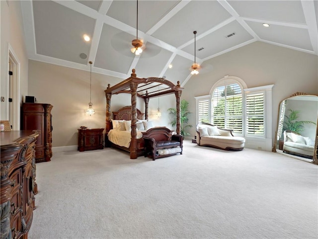 carpeted bedroom featuring high vaulted ceiling, baseboards, beamed ceiling, and visible vents