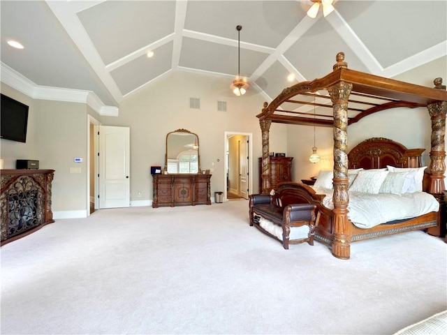bedroom with carpet flooring, high vaulted ceiling, visible vents, and baseboards