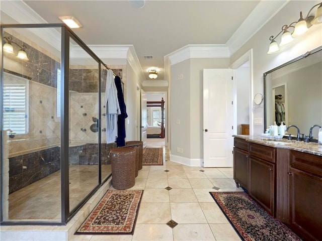 bathroom with crown molding, tile patterned flooring, vanity, ensuite bathroom, and a stall shower