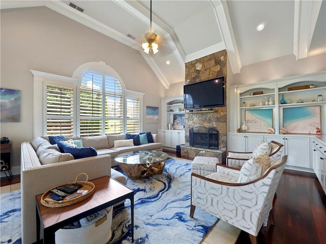 living room with visible vents, dark wood finished floors, high vaulted ceiling, and a fireplace