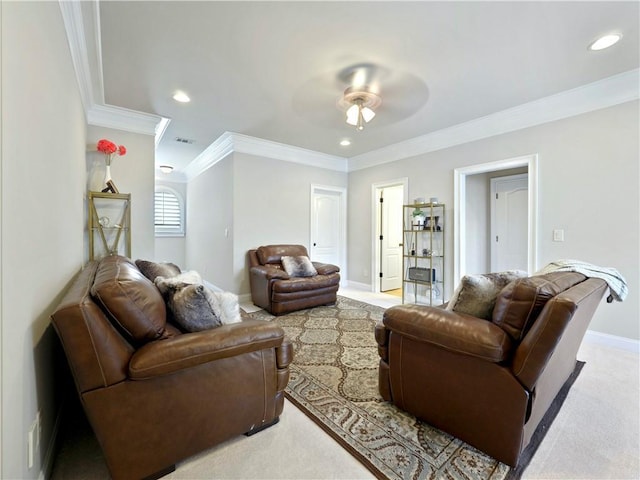 living room featuring crown molding, recessed lighting, and ceiling fan