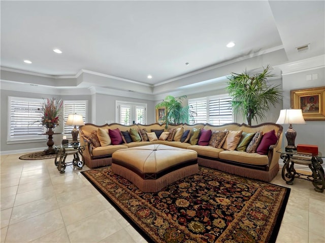 living room featuring recessed lighting, visible vents, and light tile patterned flooring