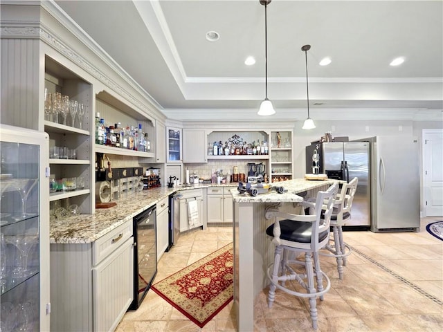 kitchen featuring a kitchen bar, stainless steel refrigerator with ice dispenser, crown molding, open shelves, and beverage cooler