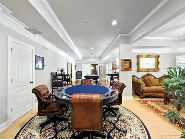 rec room featuring pool table, plenty of natural light, baseboards, and light tile patterned flooring