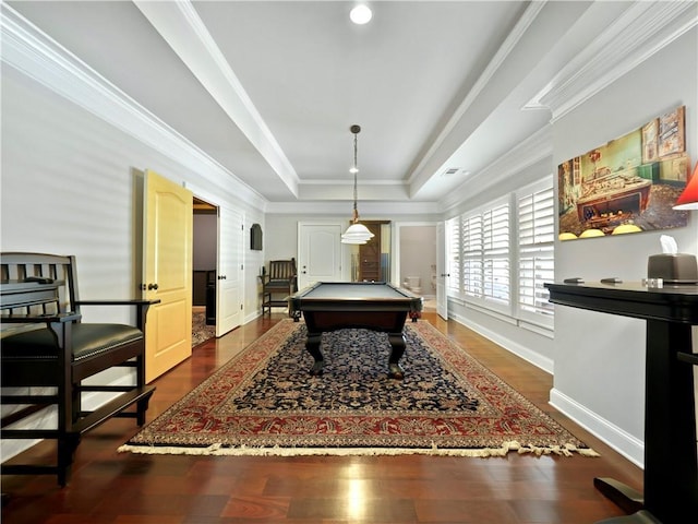 game room with dark wood-style flooring, arched walkways, baseboards, billiards, and a tray ceiling
