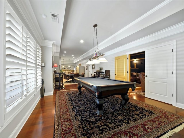 rec room with visible vents, crown molding, pool table, baseboards, and dark wood-style floors