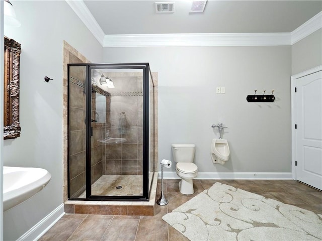 bathroom featuring crown molding, a stall shower, toilet, and visible vents