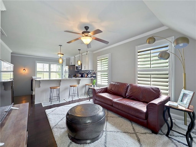 living area with a ceiling fan, wood finished floors, a wealth of natural light, and ornamental molding