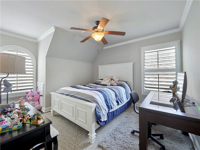 bedroom with carpet floors, ornamental molding, and multiple windows
