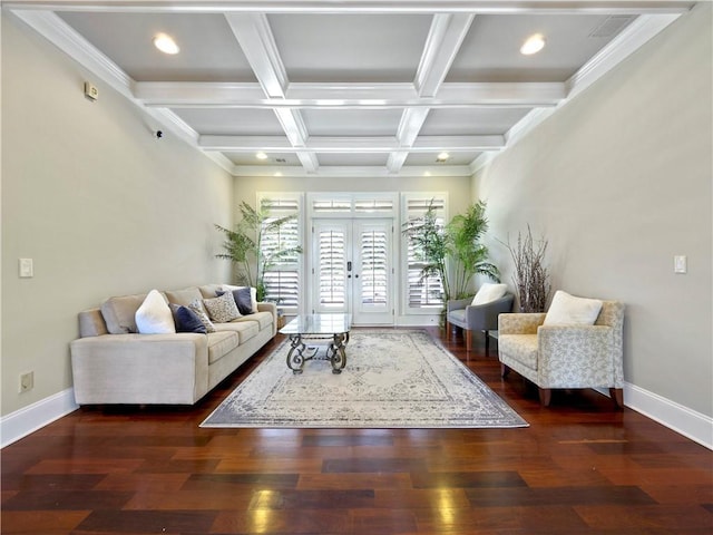 living room with wood finished floors, baseboards, beamed ceiling, coffered ceiling, and recessed lighting