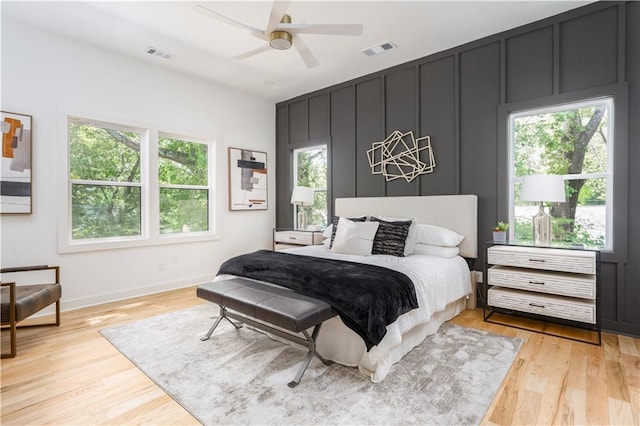 bedroom with visible vents, light wood-style flooring, and multiple windows