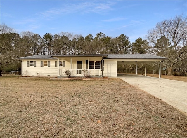 single story home with a porch, a carport, and a front lawn