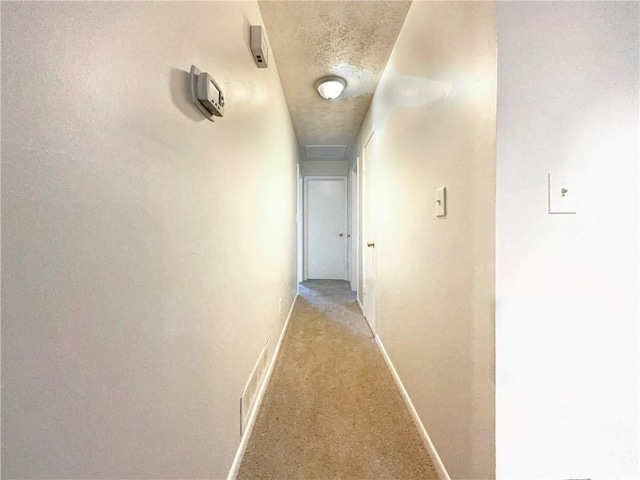 hallway with light carpet and a textured ceiling