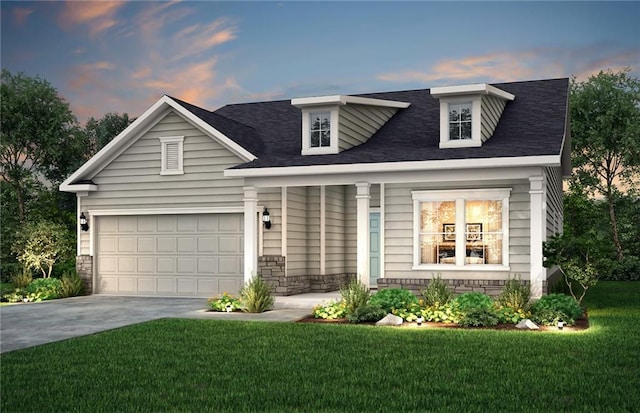 view of front of home with concrete driveway, an attached garage, stone siding, and a front lawn