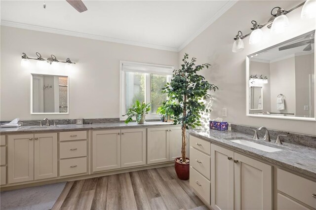 bathroom with crown molding, vanity, wood-type flooring, and ceiling fan