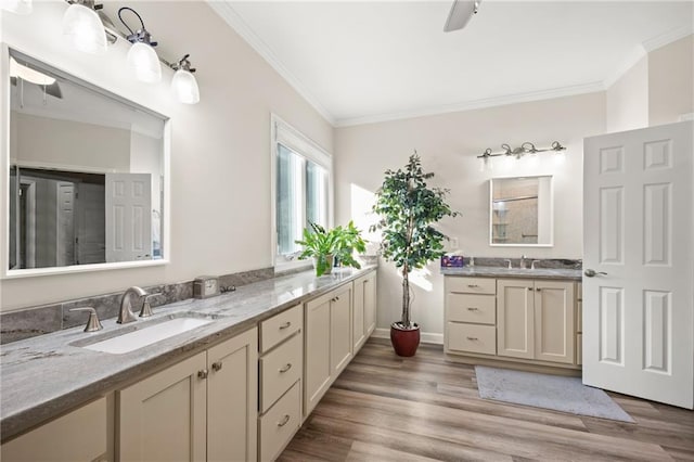 bathroom featuring hardwood / wood-style flooring, vanity, ceiling fan, and crown molding