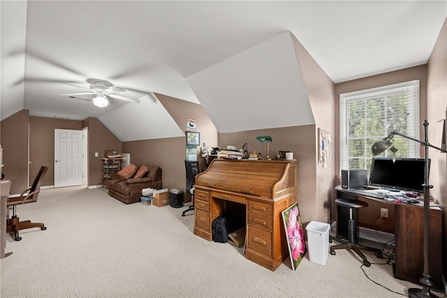 carpeted home office featuring ceiling fan and lofted ceiling