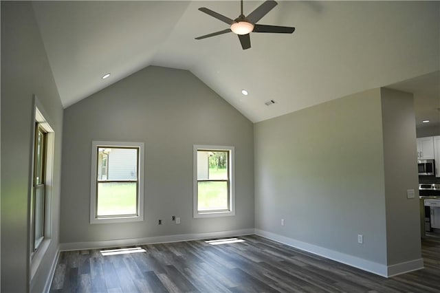 107 Church St SE, Ranger, GA 30734 - spare room with ceiling fan, dark wood-style flooring, visible vents, vaulted ceiling, and recessed lighting