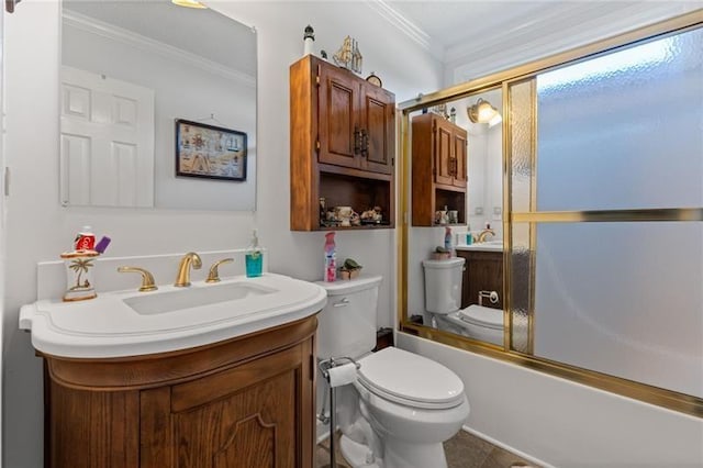 full bathroom with tile patterned flooring, enclosed tub / shower combo, toilet, vanity, and ornamental molding